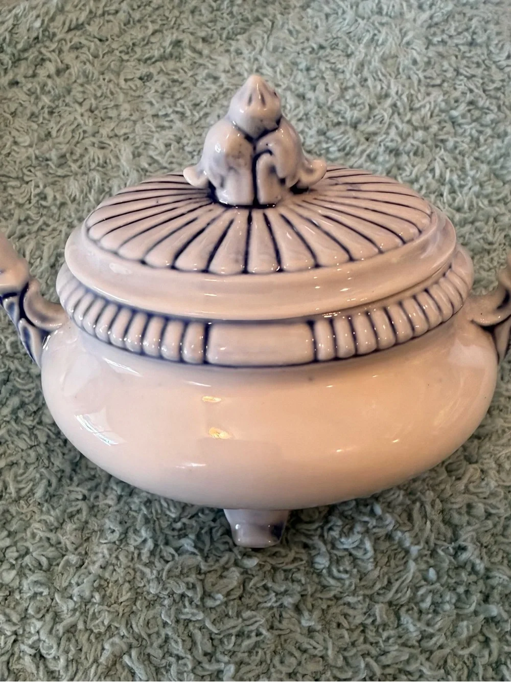 Vintage Blue and White Ceramic Soup Tureen Lid Footed Serving Bowl Ornate 3”
